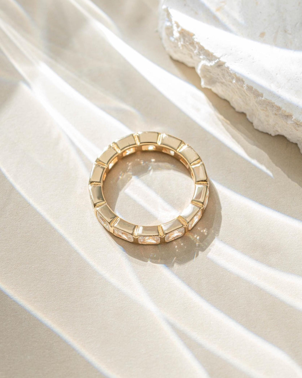 Bezel Set Emerald Cut Eternity Ring, Stackable Diamond Band, 14k Gold Plated Sterling Silver