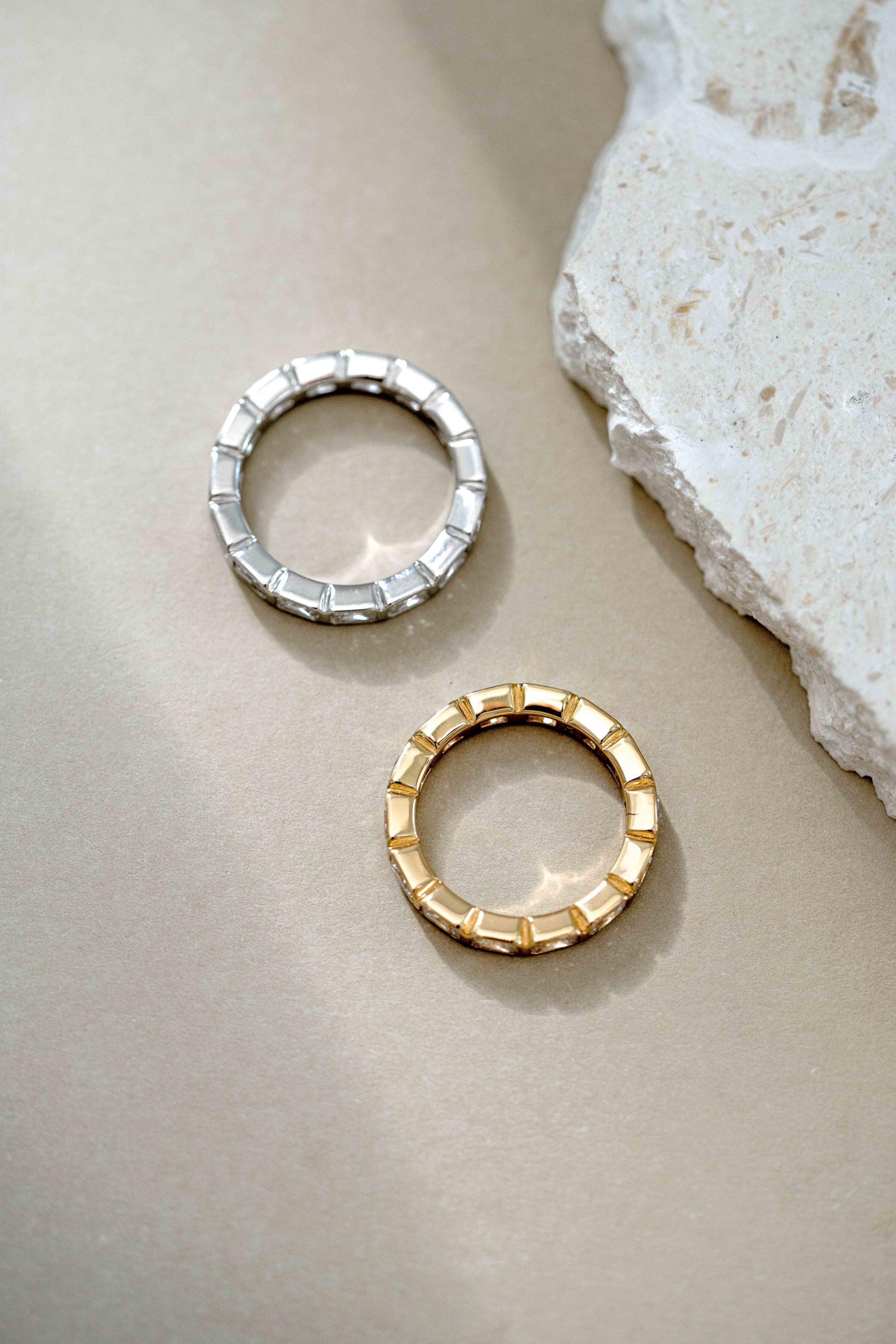 Bezel Set Emerald Cut Eternity Ring, Stackable Diamond Band, 14k Gold Plated Sterling Silver