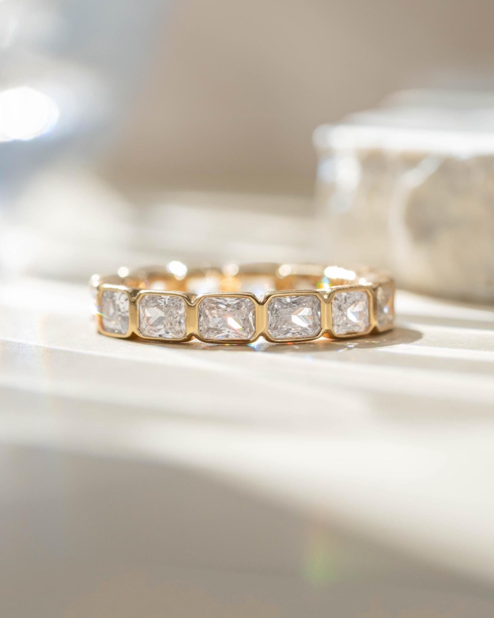 Bezel Set Emerald Cut Eternity Ring, Stackable Diamond Band, 14k Gold Plated Sterling Silver