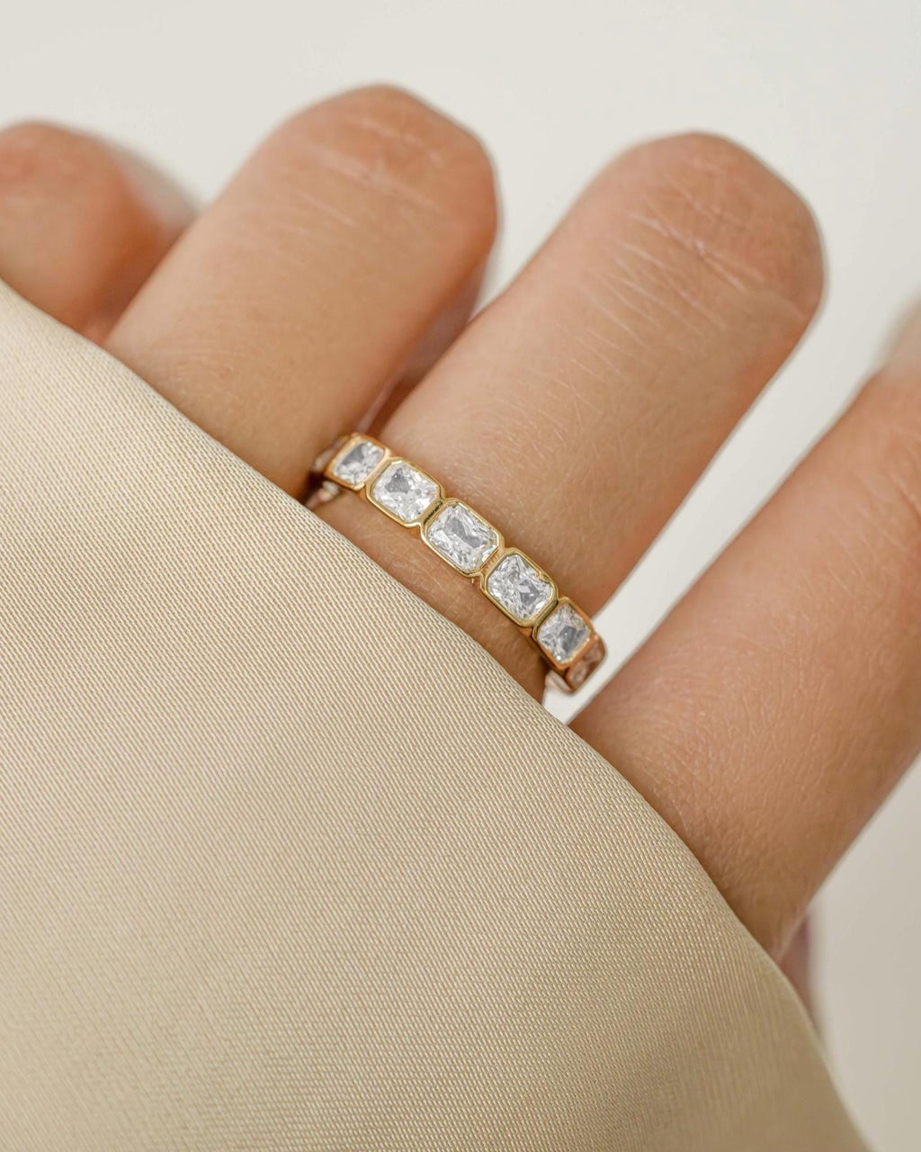 Bezel Set Emerald Cut Eternity Ring, Stackable Diamond Band, 14k Gold Plated Sterling Silver