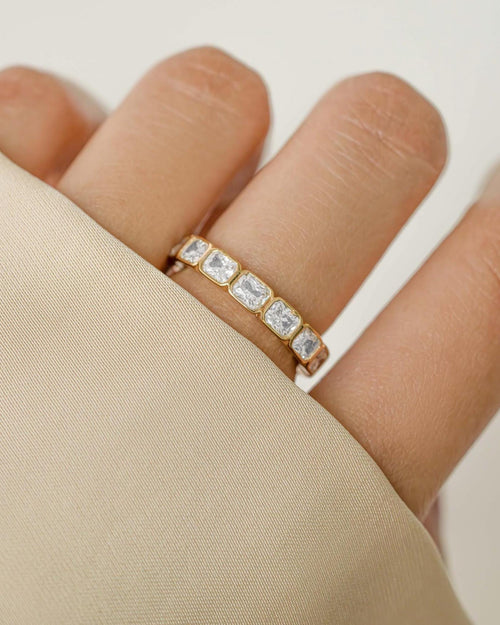 Bezel Set Emerald Cut Eternity Ring, Stackable Diamond Band, 14k Gold Plated Sterling Silver