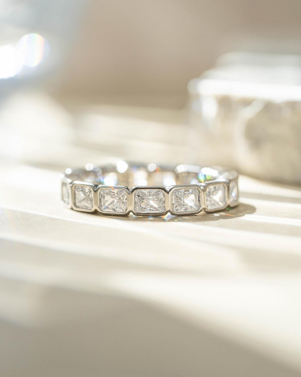 Bezel Set Emerald Cut Eternity Ring, Stackable Diamond Band, 14k Gold Plated Sterling Silver